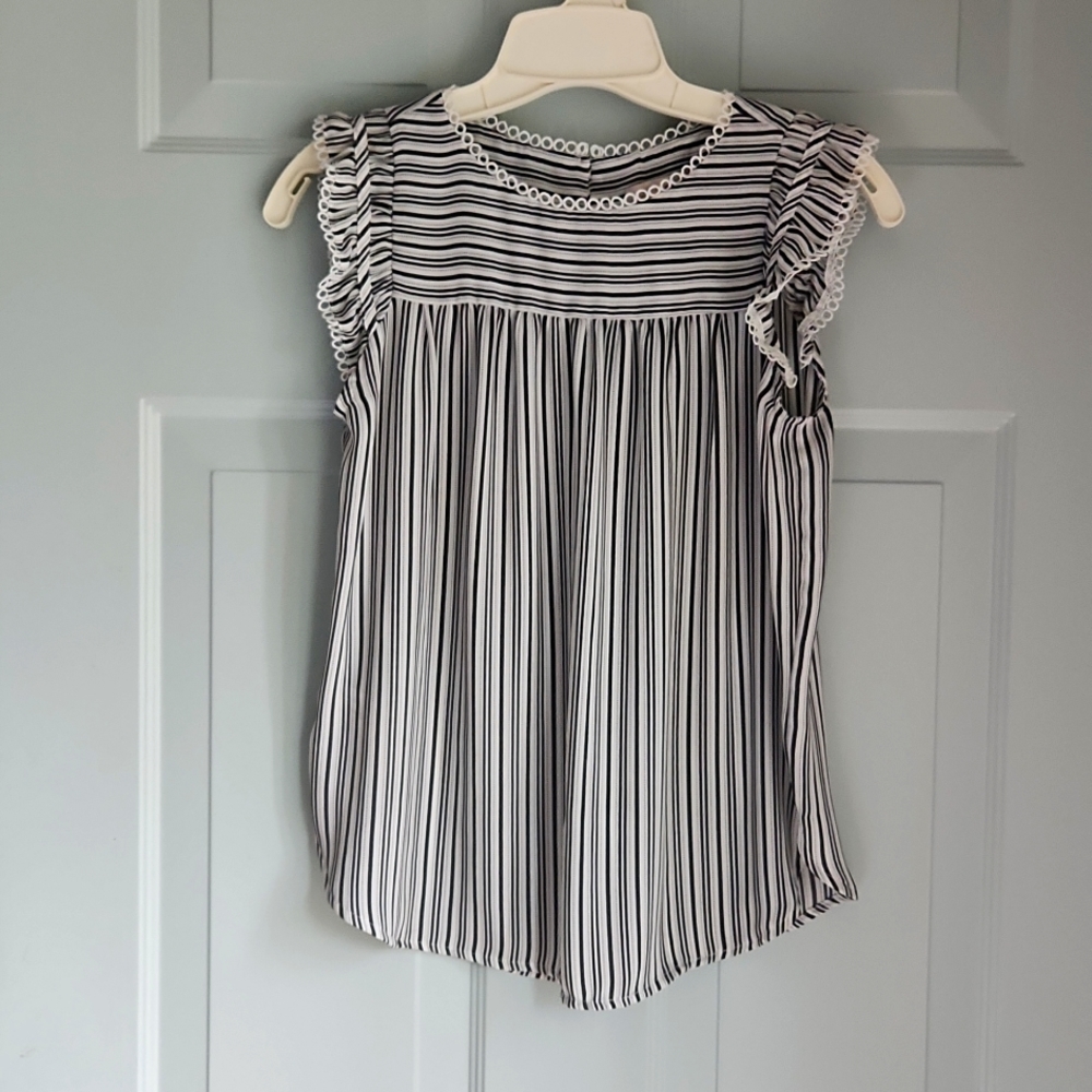 Loft, Woman's, Sz XXSP, 2 BL Stripes & Dashes; Short Sleeve w wh Circles - Picture 1 of 9